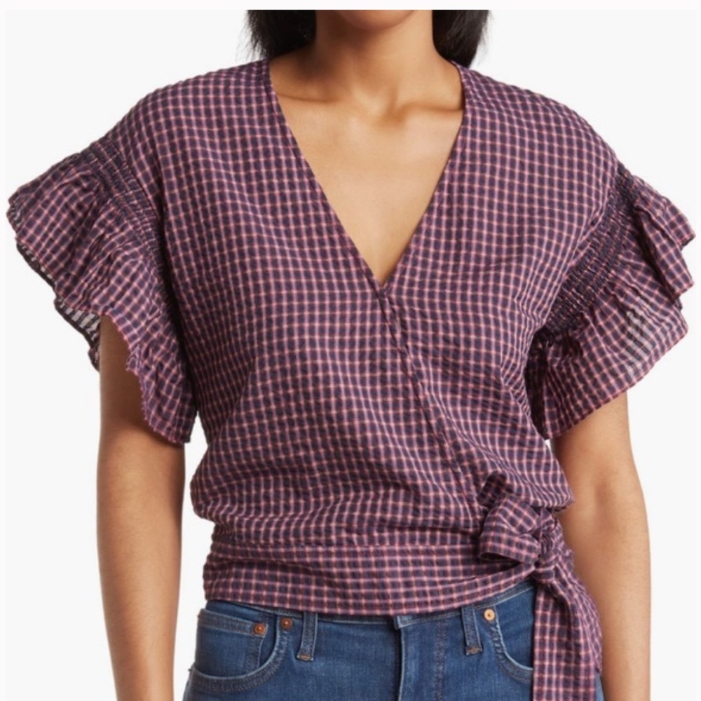 Flutter-Sleeve Side-Tie Wrap Blouse Plaid